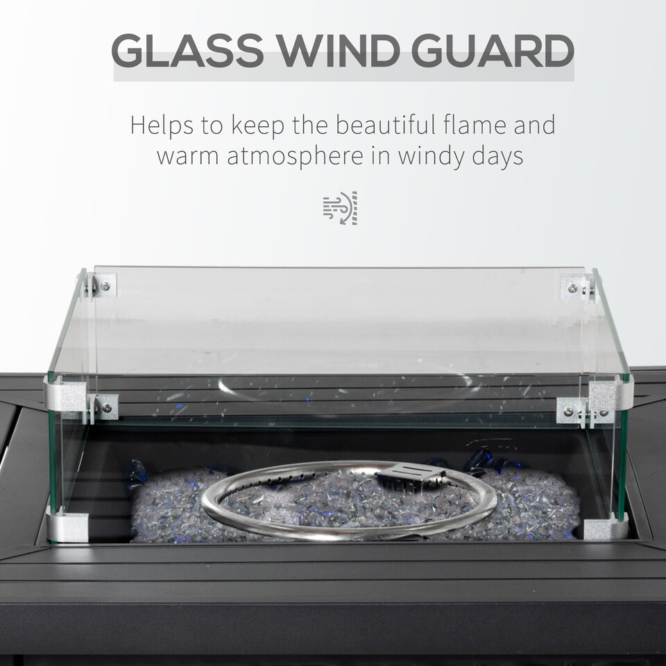 image 1 of Outsunny Square Propane Gas Fire Pit Table, 50000 BTU Rattan Smokeless Firepit Patio Heater with Glass Screen, Glass Beads and Lid, 81cm x 81cm x 64cm, Black