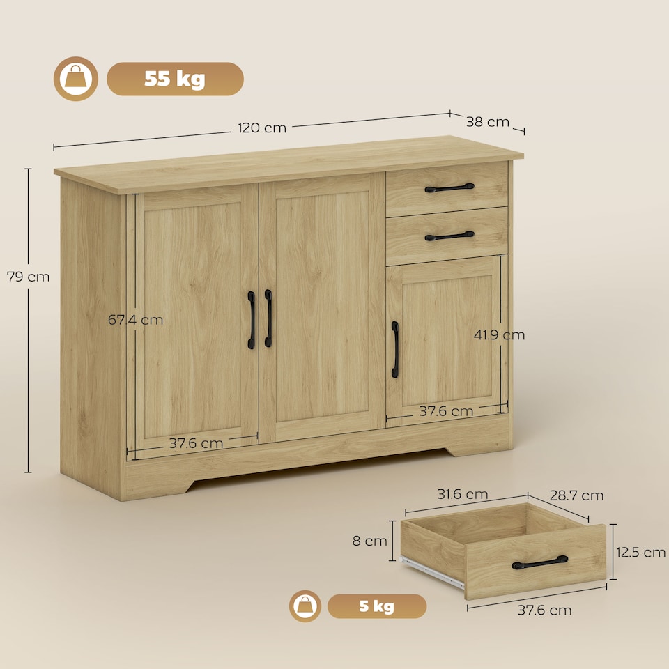 image 1 of HOMCOM Sideboard with Soft-Close Doors, Modern Storage Cabinet Natural | Brown | White wood grain | 120W x 38D x 79H cm