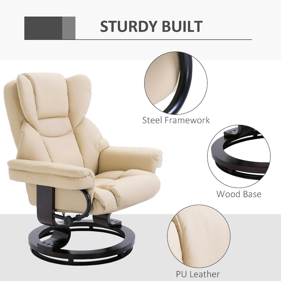 image 1 of HOMCOM PU Leather Manual Reclining Armchair Footstool Padded Seat Cream