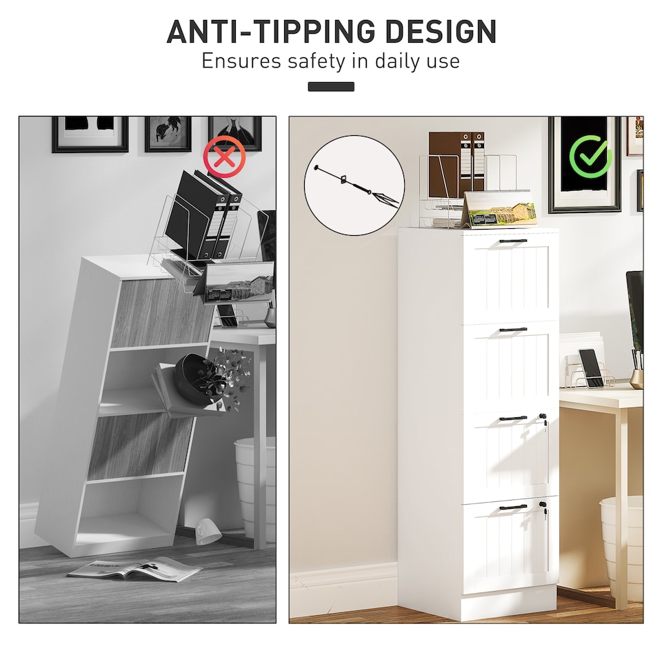 image 1 of HOMCOM 4 Drawer File Cabinet with Lock, Vertical Filing Cabinet with Adjustable Hanging Bars for A4 and Letter Size File Folders, Printer Stand with Storage, White | White | White