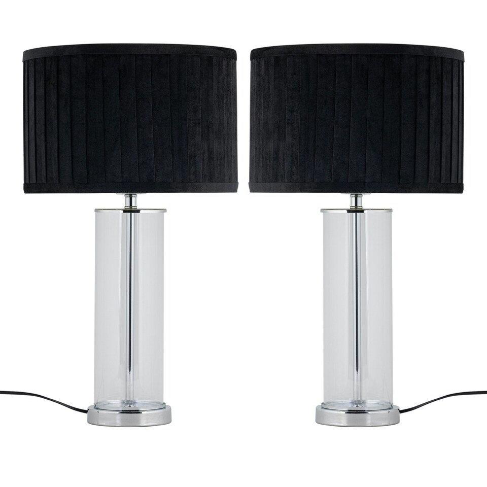image 1 of Set of 2 Aura - Chrome Table Lamps with Black Pleated Velvet Shades Chrome | Black