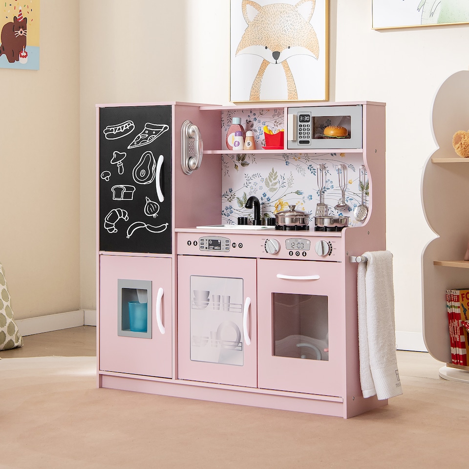 image 1 of COSTWAY Wooden Play Kitchen Kids Pretend Play Toy Microwave Ice Make Pink