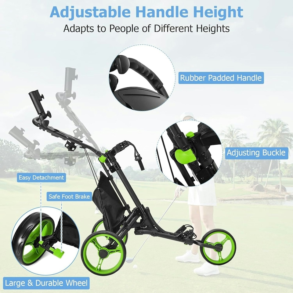 image 1 of COSTWAY 3 Wheel Golf Push Cart Folding Golf Holder Green