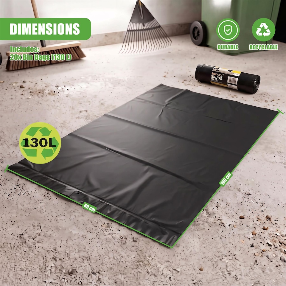 image 1 of GEEZY 130 Litre Large Black Bin Bags, Pack of 20 Garbage Bags, 100 x 80cm