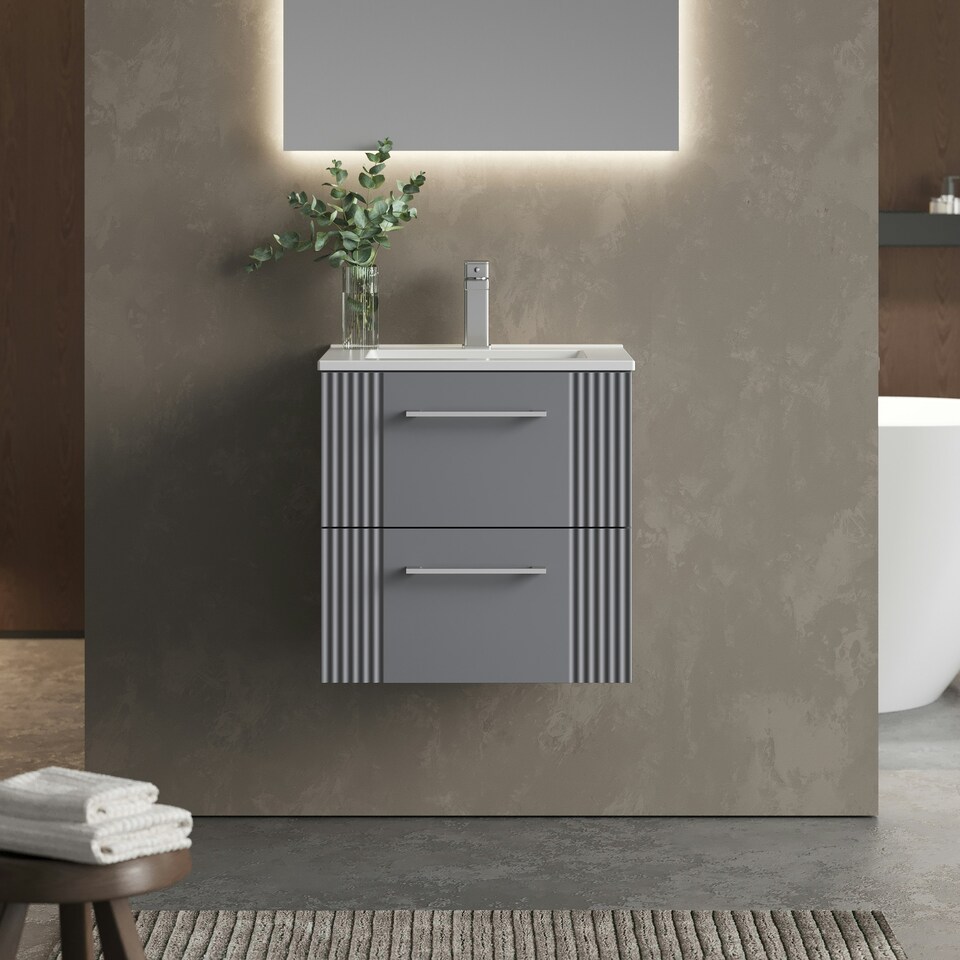 image 1 of Retro 2 Drawer Wall Hung Vanity Unit with Minimalist 1 Tap Hole Ceramic Basin - 500mm - Satin Grey - Balterley Grey