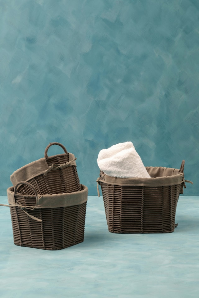 image 1 of Orsina Set Of Three Grey Round Storage Baskets, Cotton Rope Basket With Liner For Laundry, Wire Frame Baskets