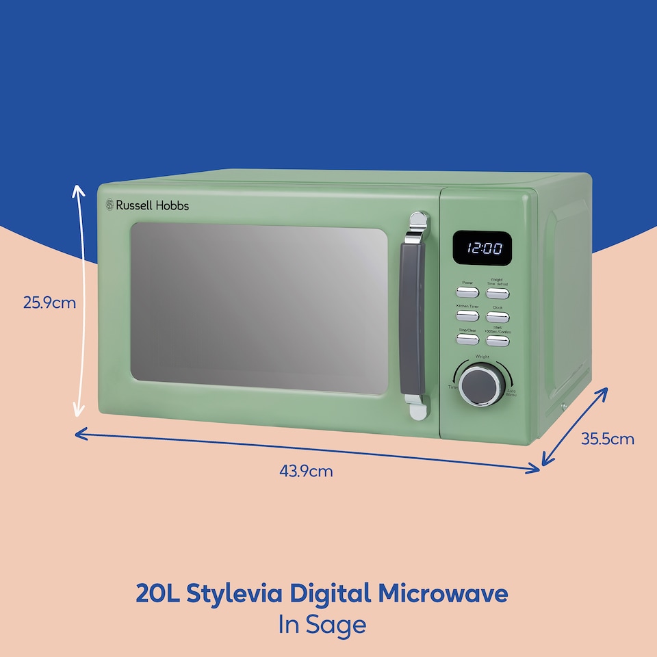 image 1 of Russell Hobbs Sage Green Digital Microwave STYLEVIA, 20 Litre 800W with 5 Power Levels, Mirror Finish RHM2026SG
