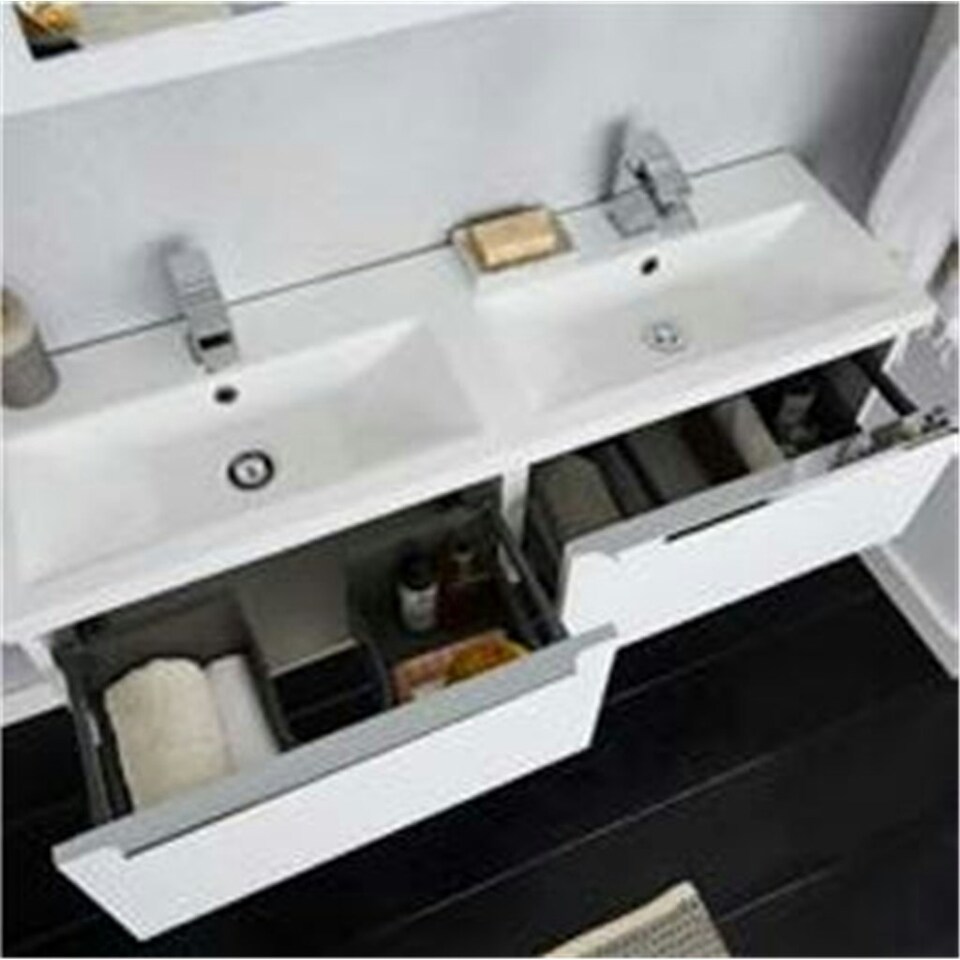 image 1 of 1200mm Bathroom Wall Mounted Drawer Unit and Twin Ceramic Basin Gloss White (Central) - Brassware Not Included | White | White | 1