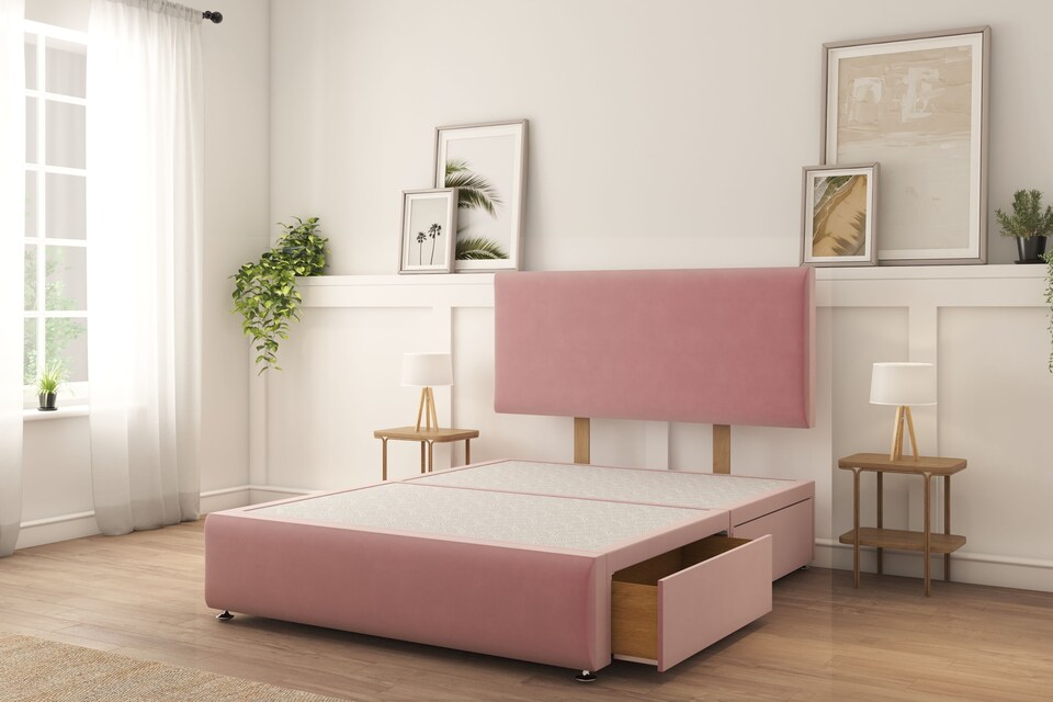image 1 of Sloomy Rutherford Pink Plush Divan Bed With Mattress 2 Drawers Left 26" Strutted Headboard & 12" Footboard 6' Super King