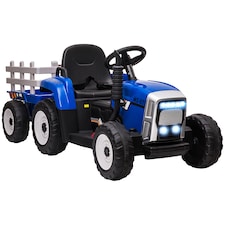 HOMCOM Kids Electric Car, 12V Electric Ride on Tractor and Trailer with Detachable Trailer Remote Control, USB, Horn, Lights, Start-Up Sound, for Ages 3-6 Years, Blue