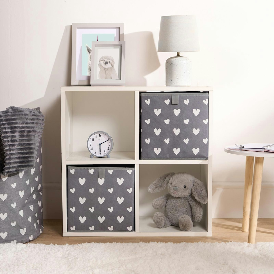 image 1 of OHS 4 Pack Folding Storage Hearts Print Cubes Space Saving Home Bedroom Clothes Toy Organiser Grey