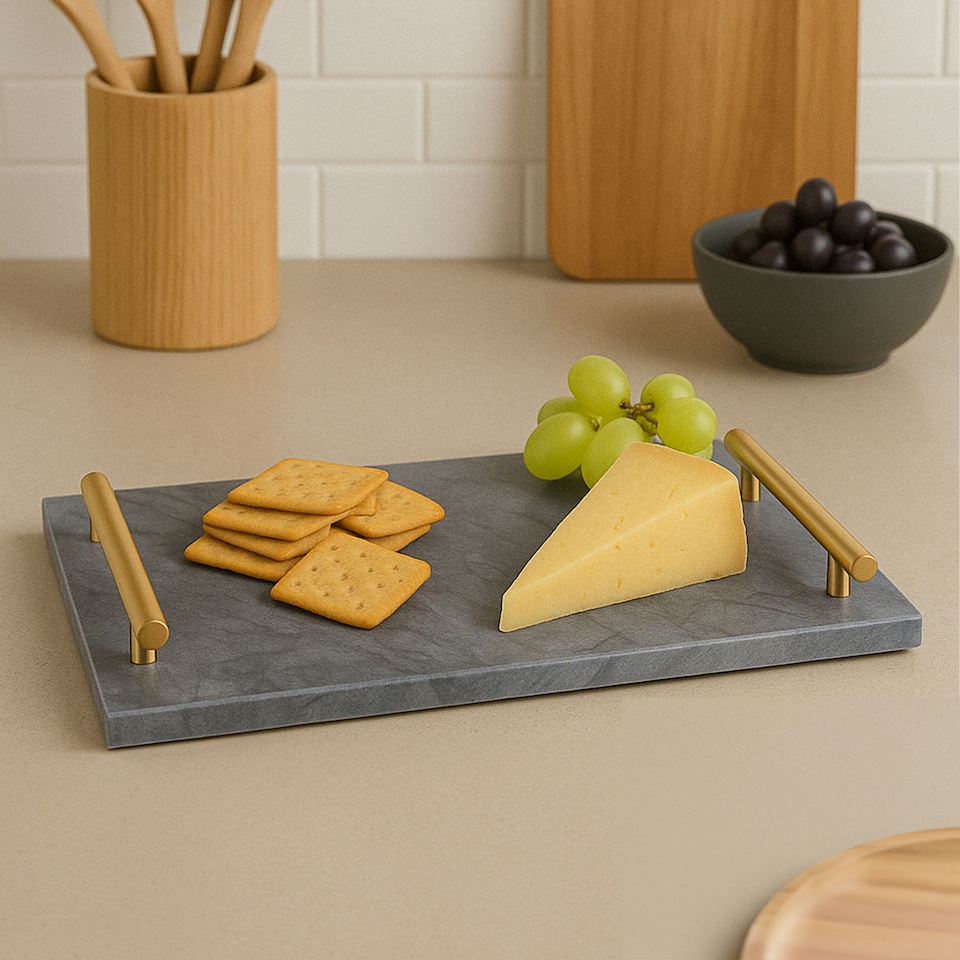 image 1 of Interiors By Premier Black Marble Serving Board With Gold Handles, Durable Natural Stone Tray For Kitchen Use | Black