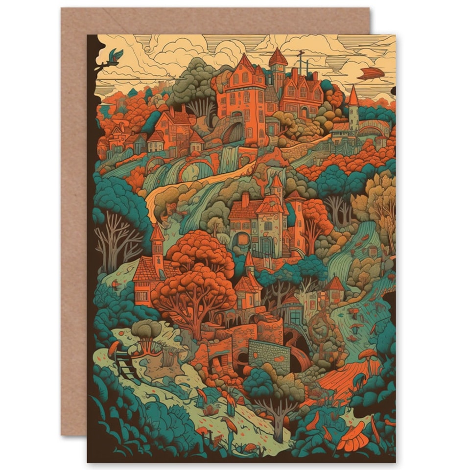 image 1 of Village Forest Coral Teal Blue Illustration Travel Art Card
