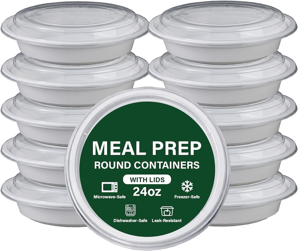 image 1 of 24oz Round White Plastic Meal Prep Containers With Lid BPA Free Food Storage Box 10pk