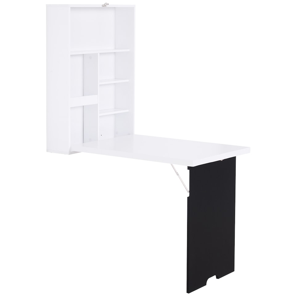 image 1 of HOMCOM Folding Wall-Mounted Drop-Leaf Table, Convertible Wall Table With Chalkboard and Storage Shelf, Multifunctional Floating Desk for Home Office, White