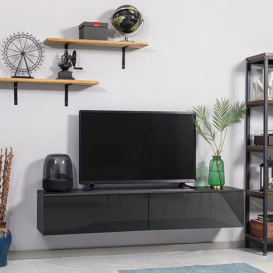 image 1 of HOMCOM 160cm High Gloss Floating TV Unit Stand for TVs up to 70 , Wall Mounted TV Cabinet with Storage Cupboards, Grey and Black
