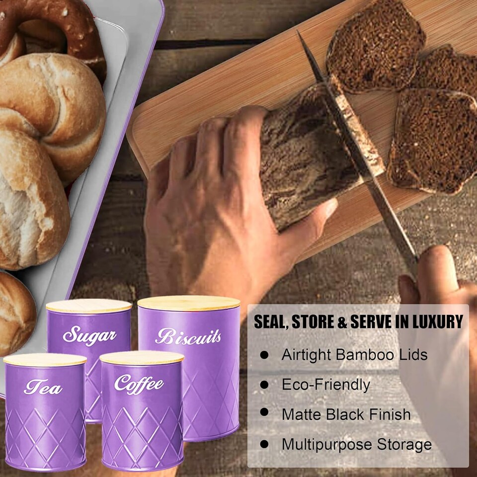 image 1 of 6Pcs Kitchen Storage Canister Jars with Can Opener Airtight Bamboo Lid Tea Coffee Sugar Bread Tins Set