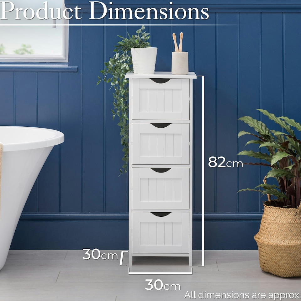 image 1 of Christow Bathroom Drawer Cabinet White Wood Storage Unit With 4 Deep Drawers