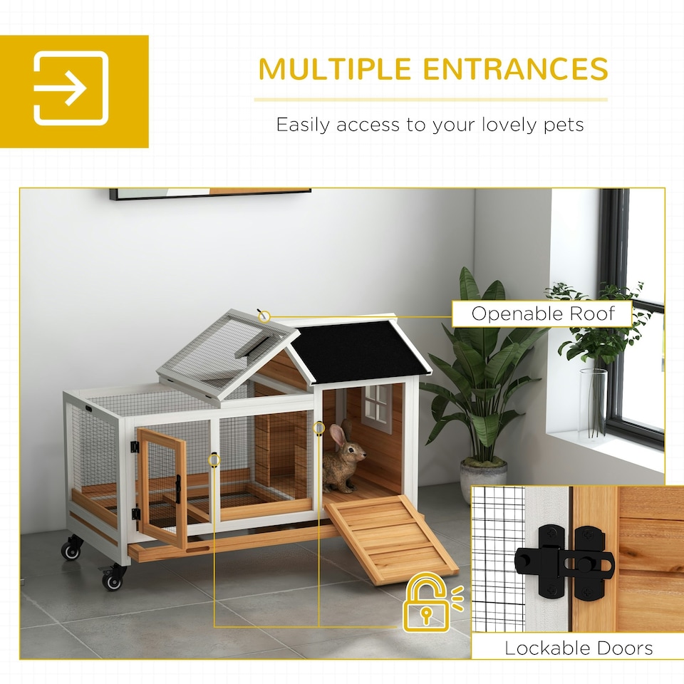 image 1 of PawHut Rabbit Hutch, Guinea Pig Cage with Wheels, Outdoor/Indoor, Yellow