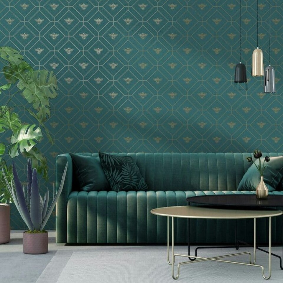 image 1 of World Of Wallpaper Bee Wallpaper - Teal/Gold - 10m x 53cm | Green
