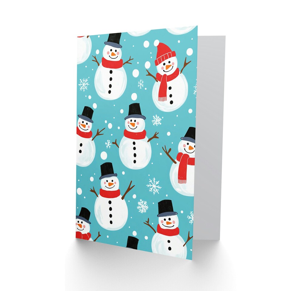 image 1 of Cute Snowman and Snowflake Pattern Blue Blank For Him Or Her Art Xmas Festive Christmas Card