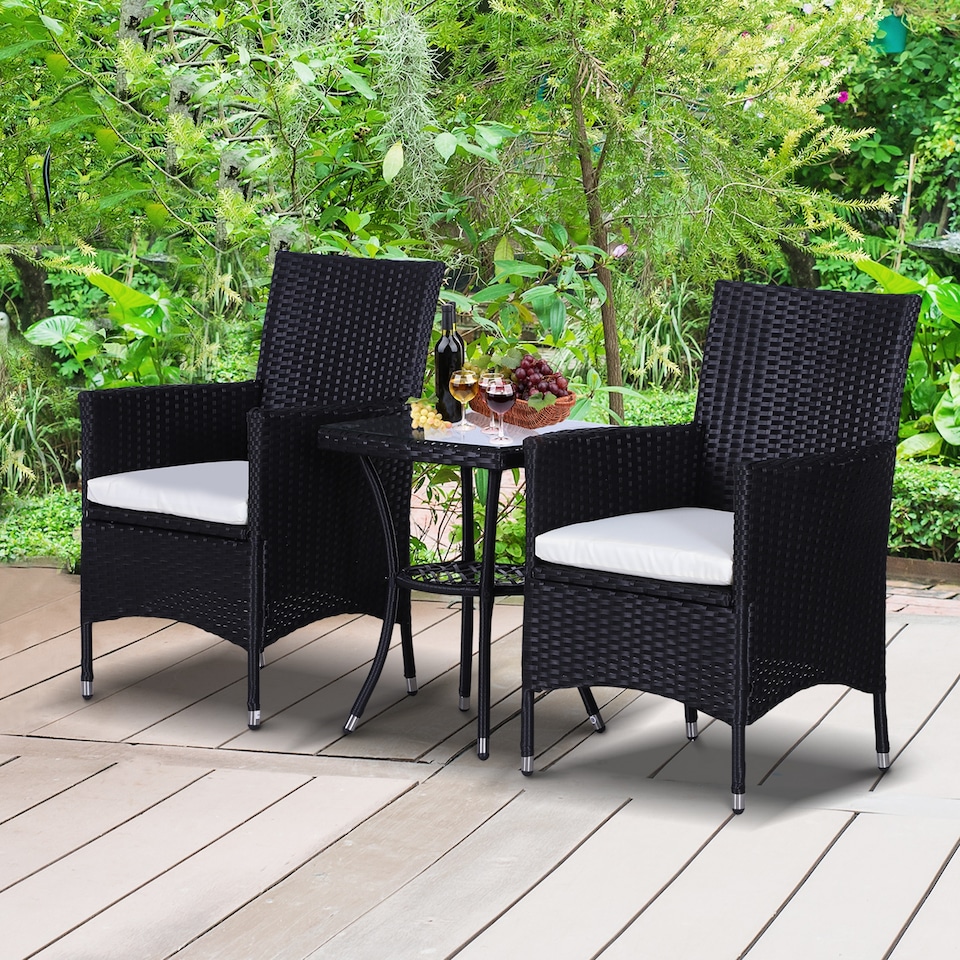 image 1 of Outsunny 3 Pieces Rattan Bistro Set, Wicker Garden Furniture Set with 2 Tier Coffee Table and Chairs, Cushions, for Outdoor Patio Balcony, Black