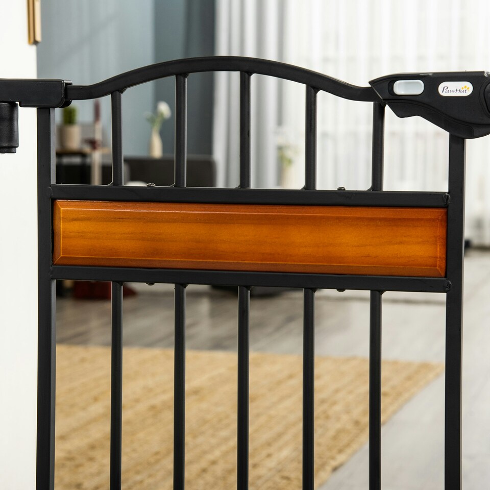 image 1 of PawHut Dog Gate Pet Safety Gate W/ Cat Door Auto Close Pine Decor 74-80 cm Wide