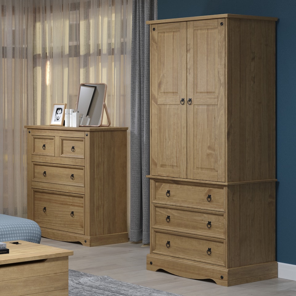 image 1 of Corona 2-Door 3-Drawer Wardrobe - Pine Wardrobe with Hanging Rail and Versatile Storage | Brown | Brown | One Size | 1