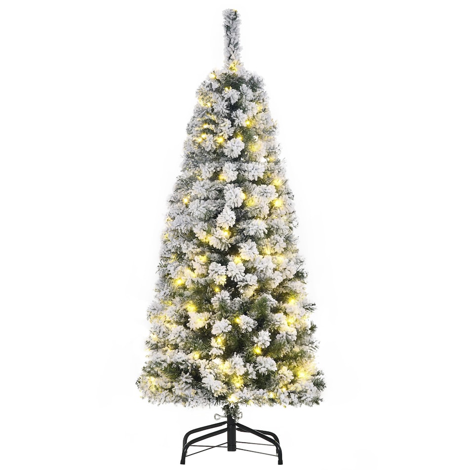 image 1 of HOMCOM 4FT Prelit Artificial Snow Flocked Christmas Tree with Warm White LED Light, Holiday Home Xmas Decoration, Green White