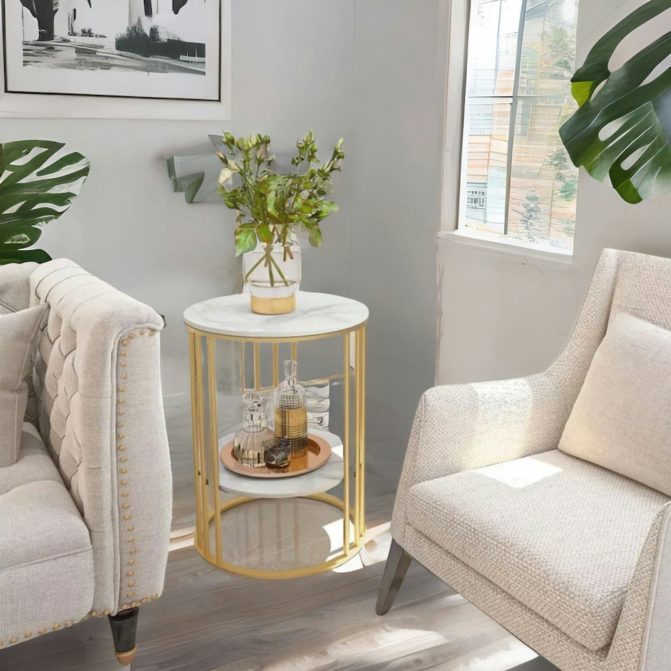 image 1 of 2 Tier Marble Coffee Table Gold Gold