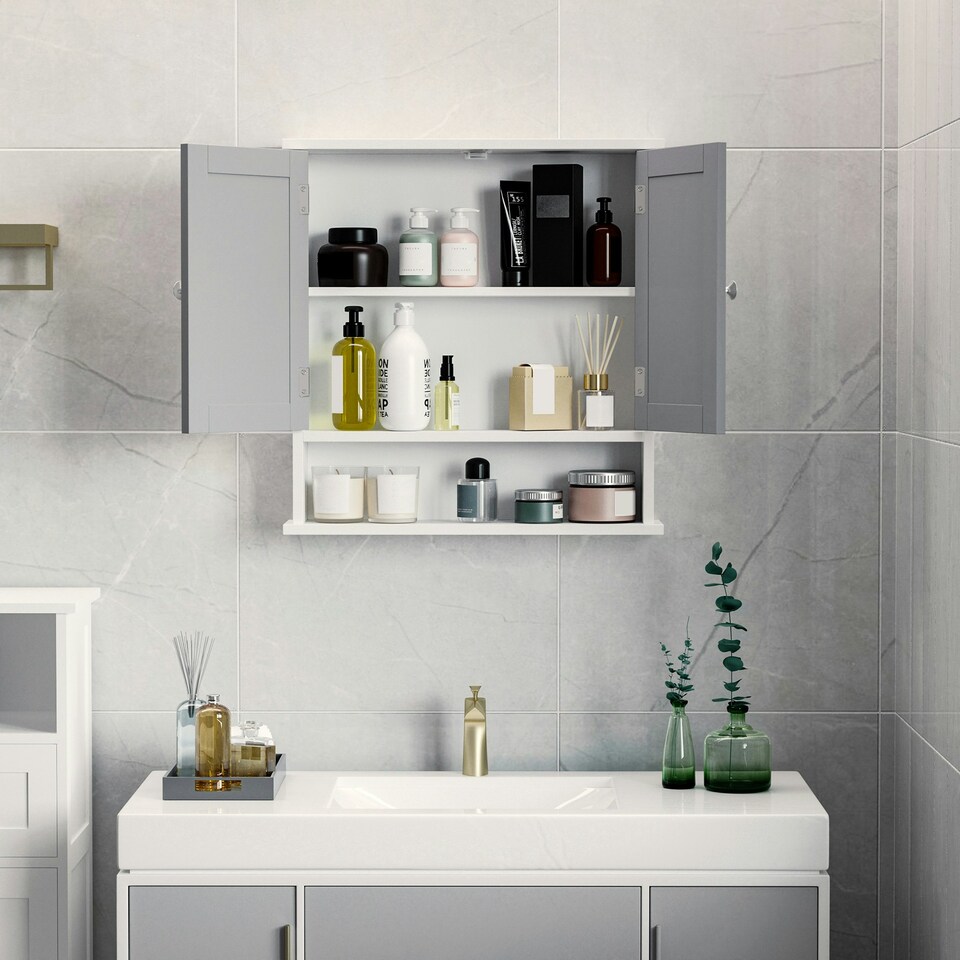 image 1 of kleankin Wall Mounted Mirror Cabinet W/ Double Mirror Doors & Adjustable Shelf
