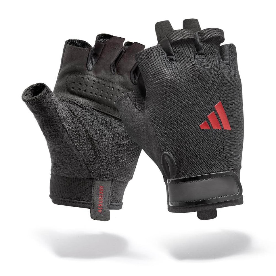 image 1 of Adidas Essential Training Gloves, Aeroready ventilated palm, padded suedette palm and secure hook-and-loop wrist. | Multi | Red | M