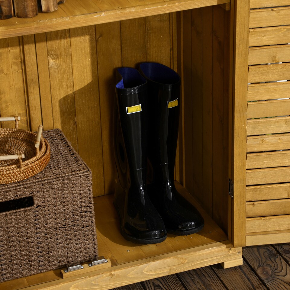 image 1 of Outsunny Small Shed, Wooden Garden Storage Shed, 3 Shelves Outdoor Tool Shed Cabinet with Asphalt Roof and Shutter Doors, 87cm x 47cm x 160cm, Natural Wood Finish