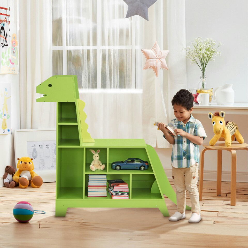 image 1 of Teamson Kids Wooden Dinosaur Shaped Kids Bookcase / Toy Organizer, Green