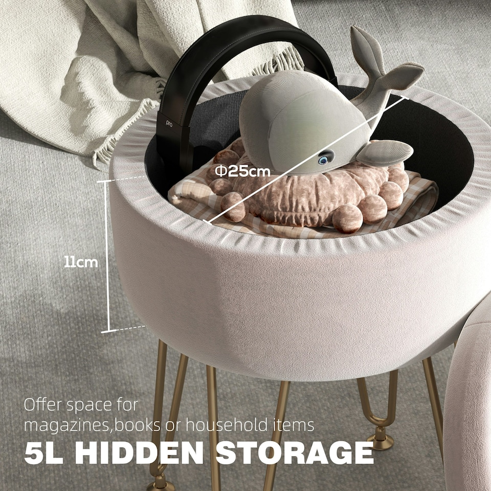 image 1 of HOMCOM 5L Velvet Footstool with Removable Lid for Bedroom, Light Pink