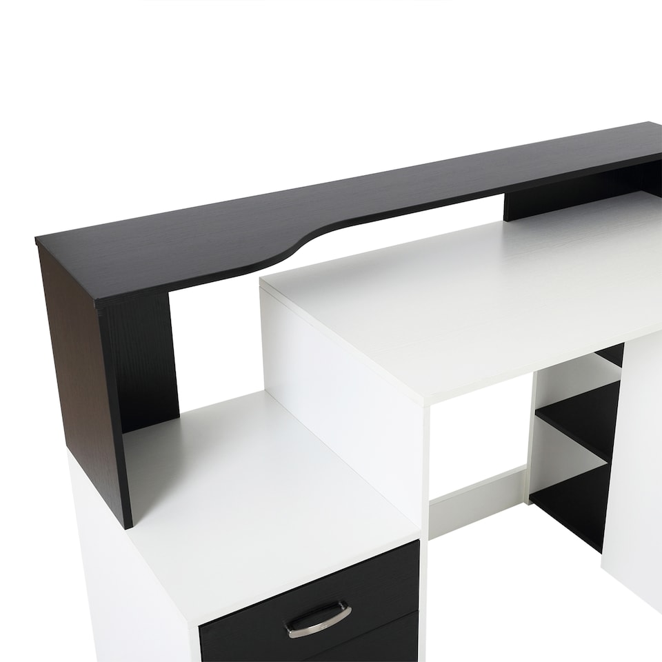 image 1 of HOMCOM Computer Desk with Drawers and Storage Shelves, Office Desk Writing Table with Printer Stand, Large Workstation for Study Play Work Home Office, 137 x 55 x 92cm, Black and White