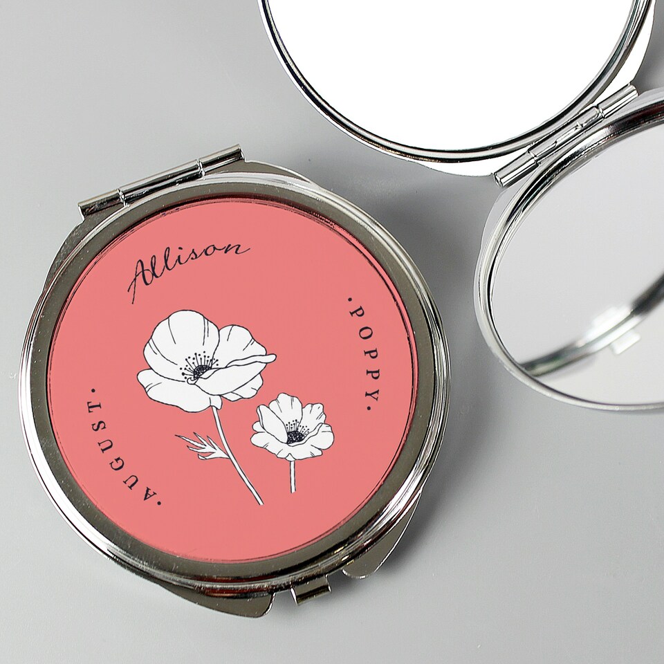 image 1 of Personalised Birth Flower Round Compact Mirror Silver