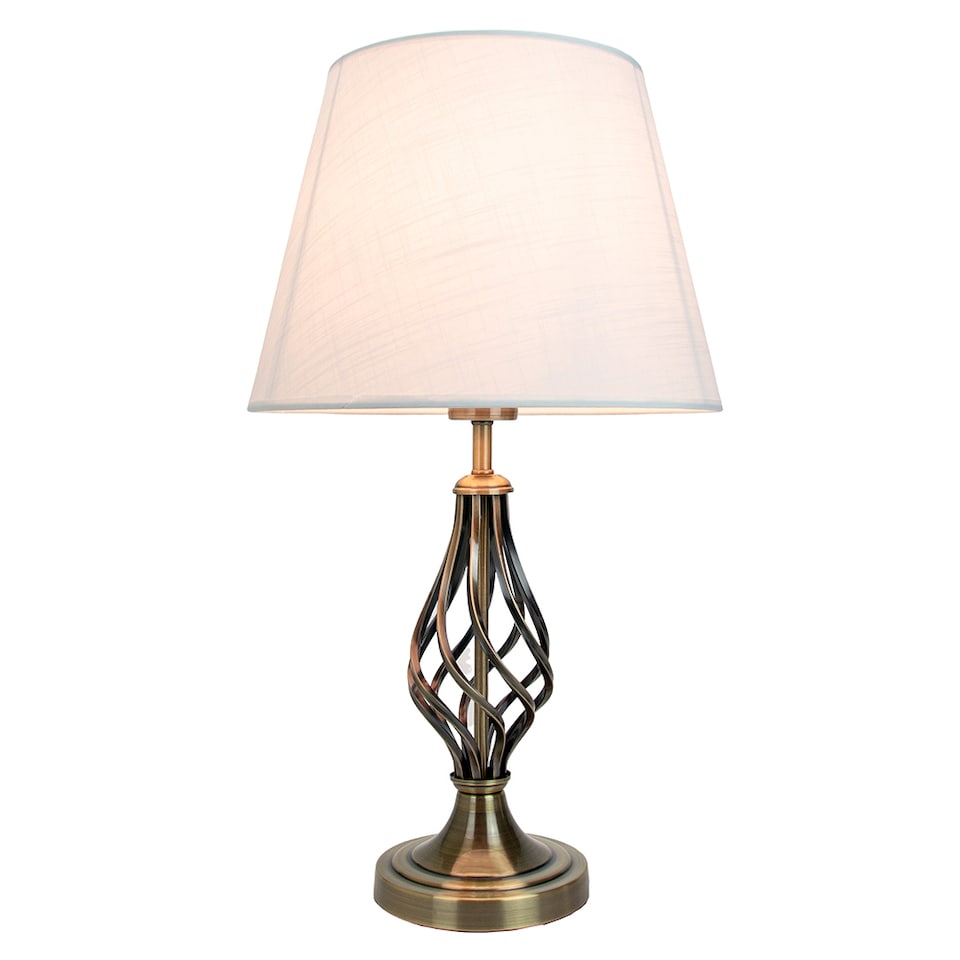 image 1 of Traditional Antique Brass Table Lamp with Barley Twist Base and Linen Shade | Gold