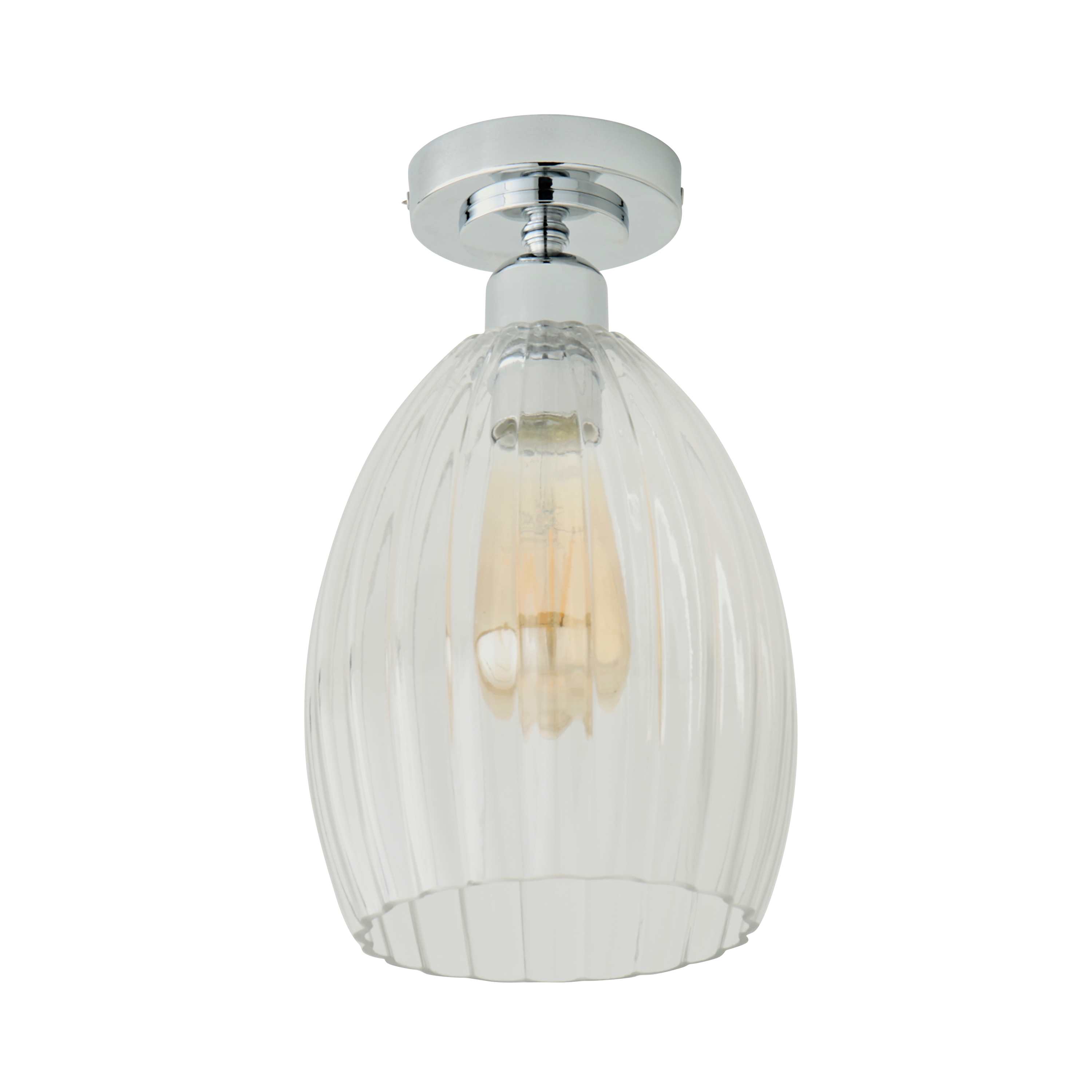 ValueLights Cheltenham Clear Ribbed Glass Dome Flush Ceiling Light with LED Bulb in Metallic Silver