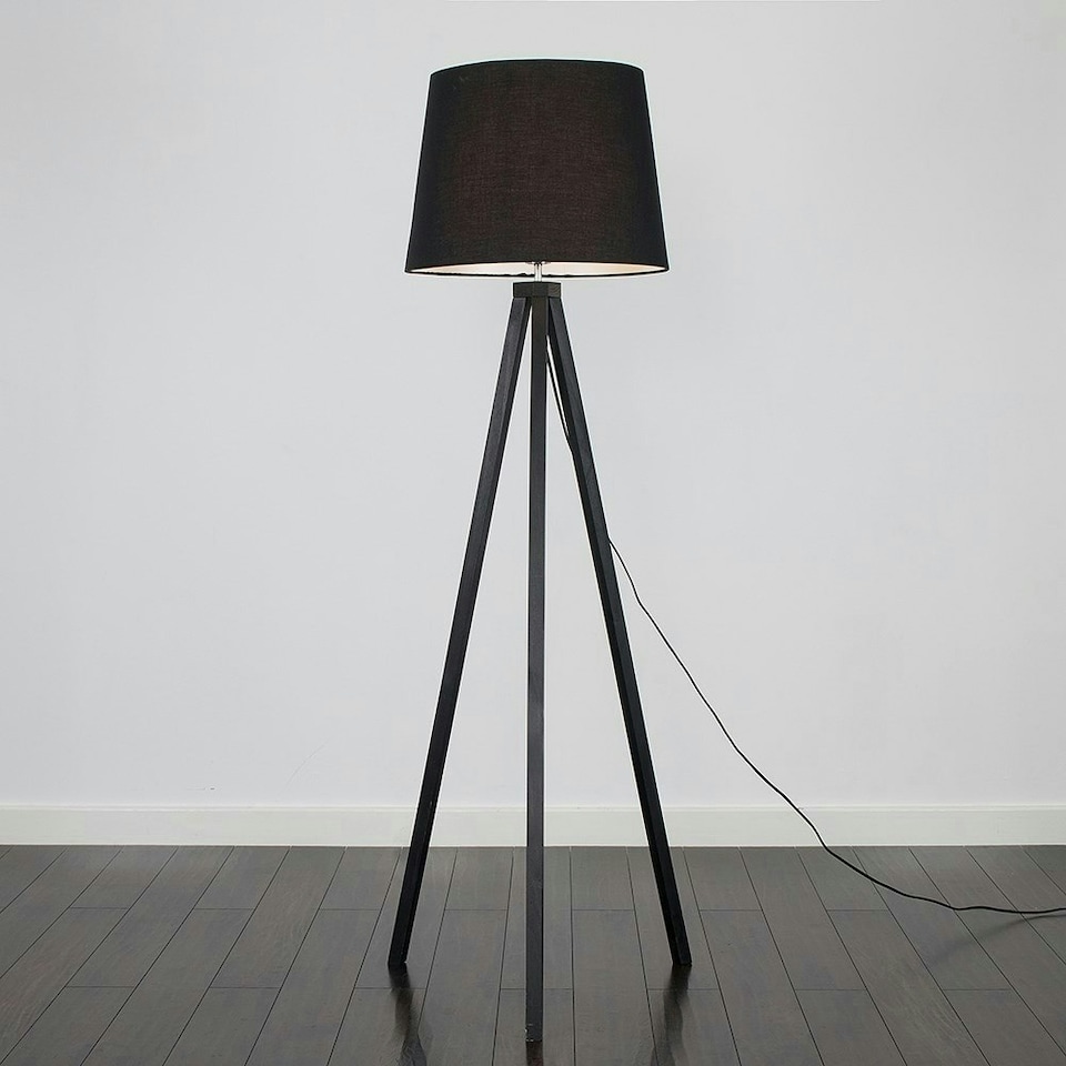 image 1 of ValueLights Modern Black Wood Tripod Design Floor Lamp With Black Shade
