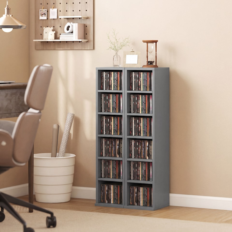 image 1 of HOMCOM Set of 2 CD Storage Units DVD Shelf with Adjustable Shelves | Grey | Light Grey | 21W x 22.5D x 88.5H cm