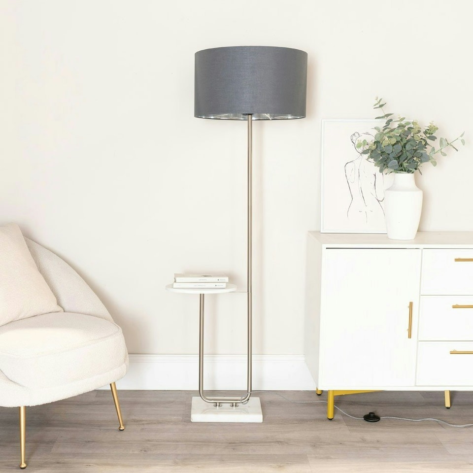 image 1 of ValueLights Tavel Chrome Floor Lamp with Table and Charcoal with Chrome Inner Lamp Shade Grey