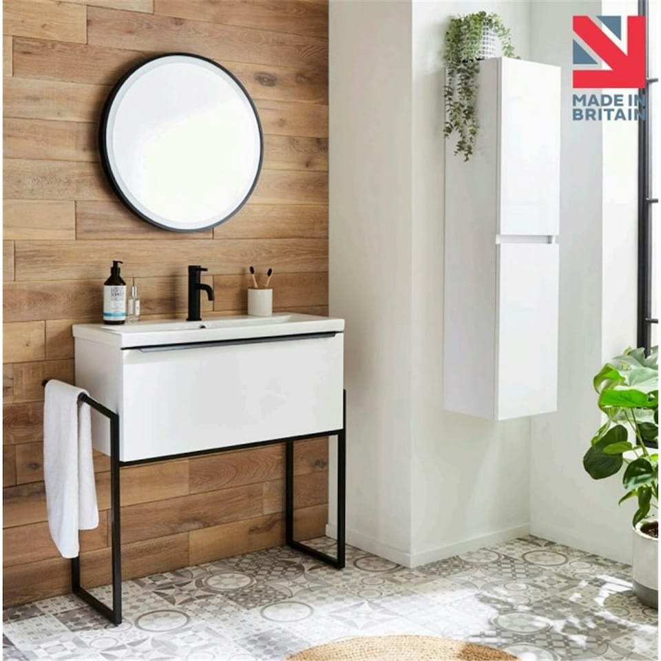 image 1 of Bathroom 800mm Wall Mounted Drawer Unit, Ceramic Basin & Frame  White Gloss - (Central) - Brassware Not Included | White | White | 1