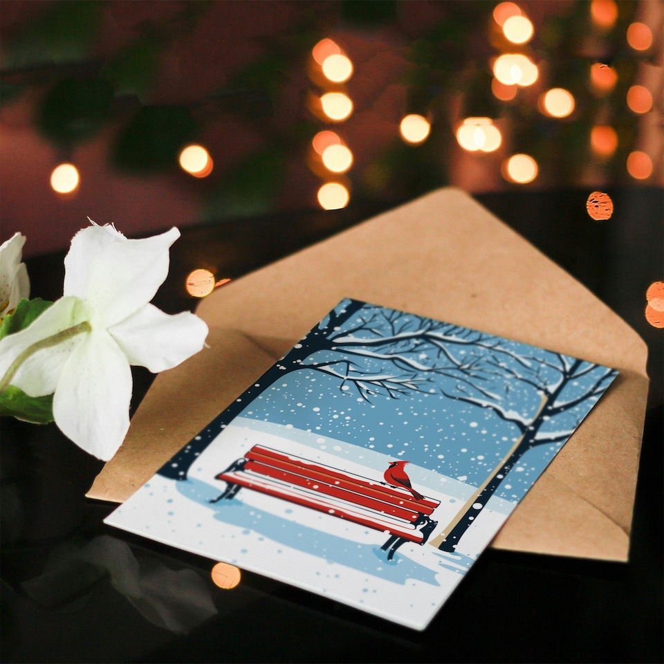 image 1 of Red Cardinal Park Bench Snow Winter Scene Blank For Him Or Her Art Xmas Festive Christmas Card