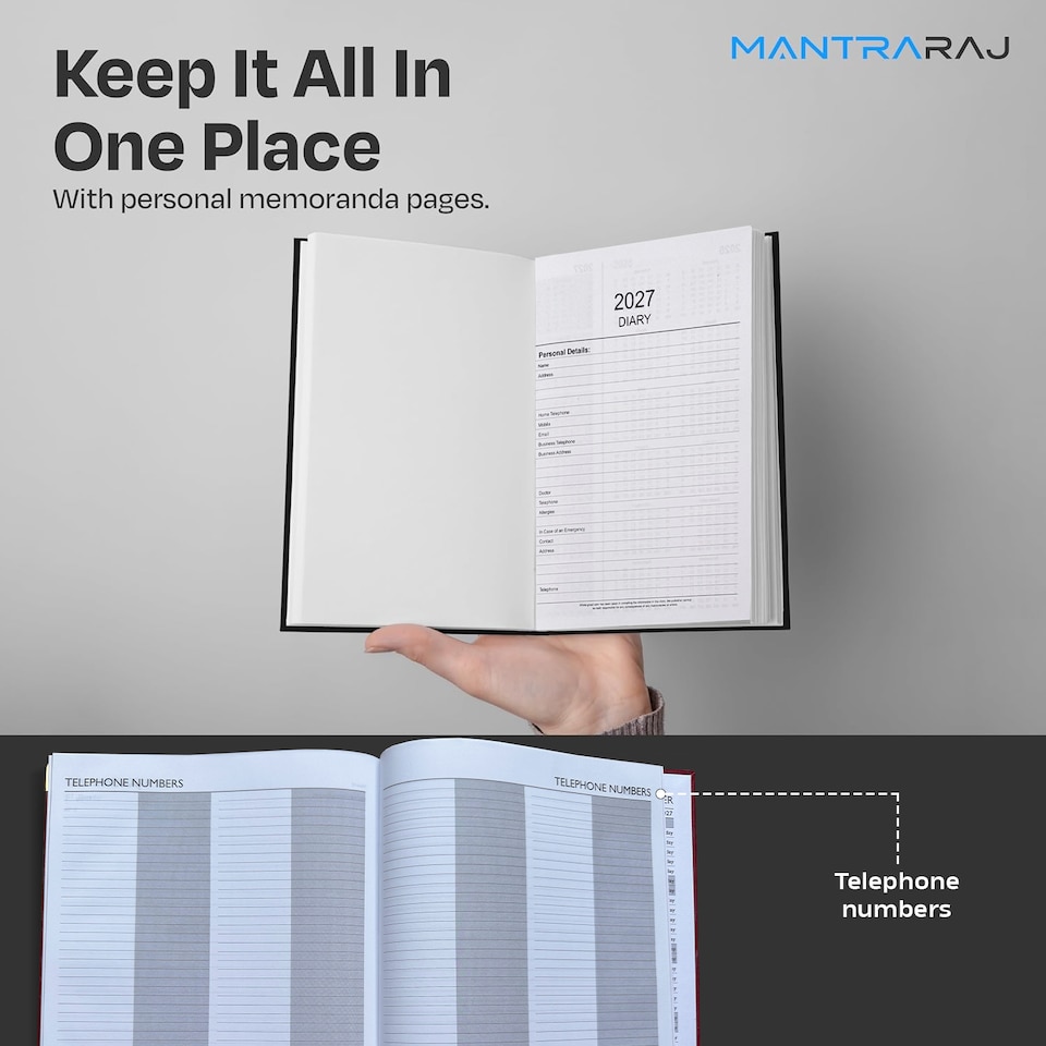 image 1 of MantraRaj 2027 Diary A5 Day a Page Hardback Casebound Cover Desk Diary Organiser Planner Black