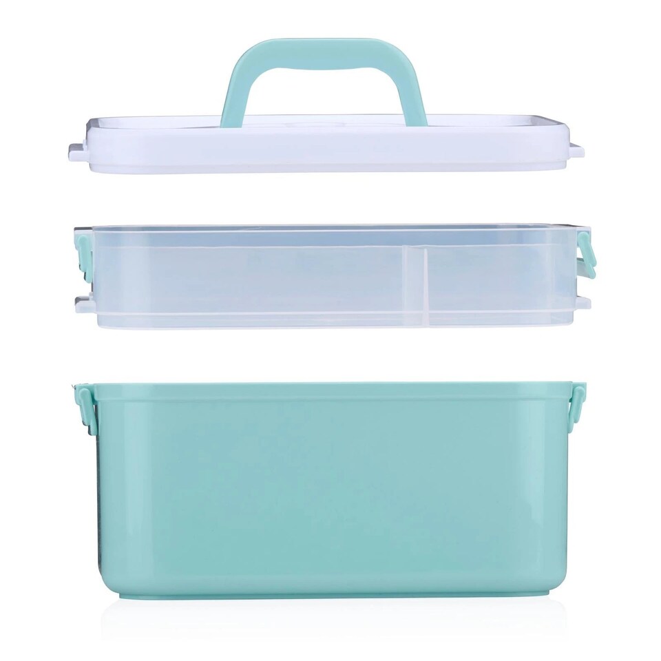 image 1 of Portable Sewing Accessories Box Kit 2 Layer Storage Organiser Trays Carry Handle | Multi | Mint Green