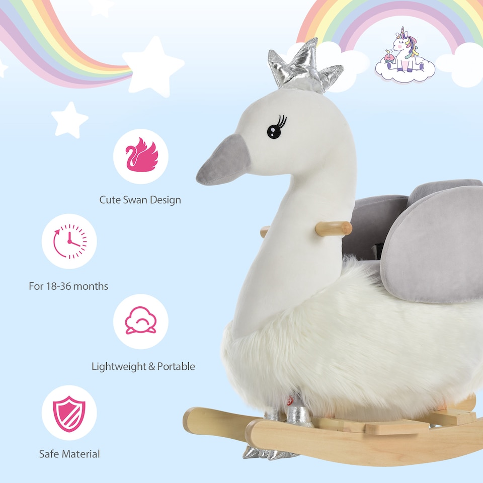 image 1 of HOMCOM Cute Kids Ride-On Rocking Swan with Sound Seat Belt Plush Body