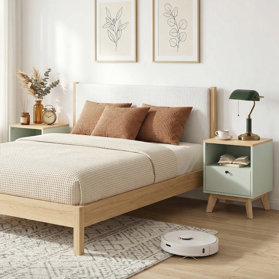 image 1 of HOMCOM Modern Nightstand Set of 2, Bedside Table with Drawer and Open Shelf