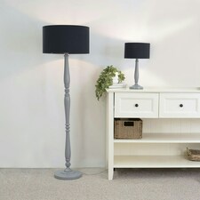 ValueLights Victoria Grey Wood Traditional Stem Table Lamp with Black Fabric Drum Shade
