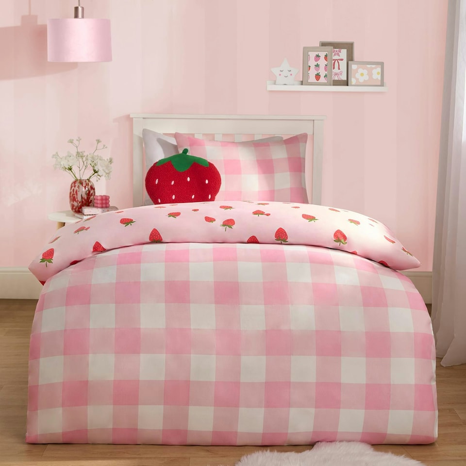 image 1 of OHS Strawberry Print Gingham Reverse Soft Duvet Cover Bedding Set, Pink - Double | Pink | Double